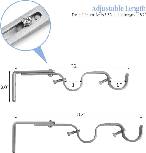 Heavy Duty Curtain Rod Brackets - Adjustable Double Rod Holders, 1 Inch (2 PCS, Silver)