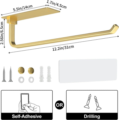 Paper Towel Holder - Self-Adhesive or Drilling, Gold, Upgraded Aluminum Kitchen Roll Dispenser Under Cabinet, Lighter