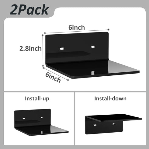 6 Inches Small Black Wall Shelves Set of 2, Wall Mounted Display Shelf Rack for Smart Speaker, Clock
