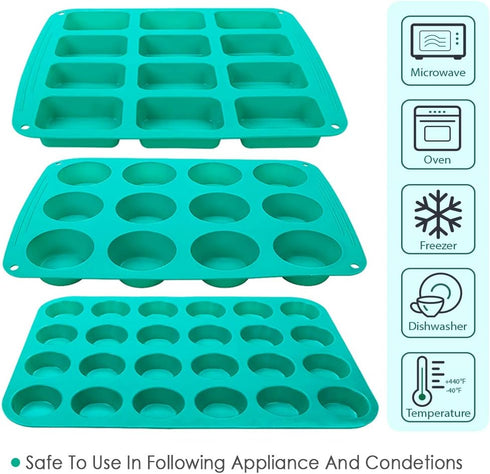 Webake Silicone Baking Pans Set of 3, Silicone Bakeware Silicone Muffin Pan, Mini Cupcake Pan, Mini Brownie Pan, Silicone Molds Cake Baking Tray Combo Set