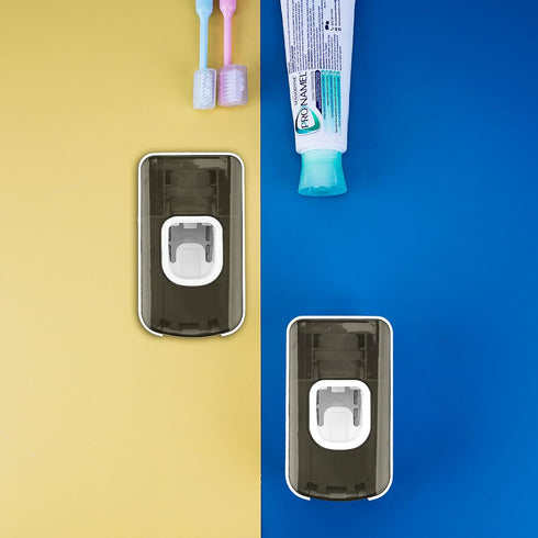 LUEXBOX 2 2 1 Slot Toothbrush Holder and Toothpaste Dispenser Wall Mounted, Automatic Toothpaste Squeezer, in Tooth