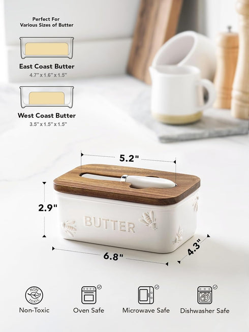 Countertop, Set 1, LE TAUCI Butter Dish with Lid for Ceramic Butter Container, Embossed Butter Keeper with Acacia Wood