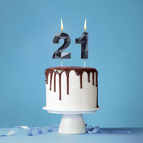 Nuanchu 21st & 12th Number Birthday Candles, 3D Diamond Shape Numeral Candles for Happy Birthday Cake Topper (Black)