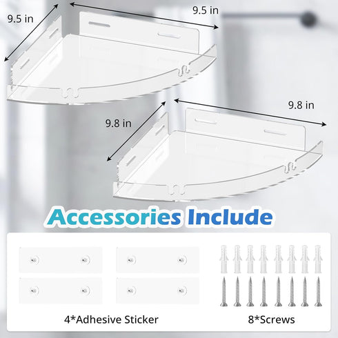 Durmmur 2 Pack 4 Acrylic Corner Shower Caddy, Clear Corner Shower Shelf with Hooks, Adhesive Wall Mounted Bathroom