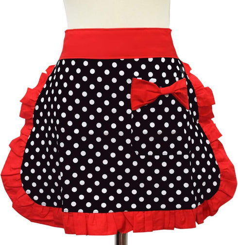 Black Sexy Polka Dot Ruffle Side Half Aprons, Cotton Kitchen Cooking Waist Apron with Pocket for Women Girls