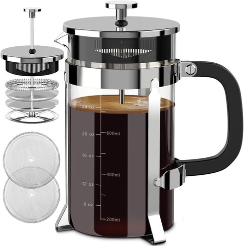 French Press Coffee Maker, 34oz 304 Stainless Steel with 4 Filters, Borosilicate Glass, Easy to Clean, Silver