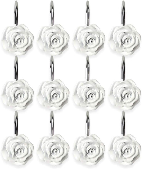 Actpe 12pcs White Rose Flower Shower Curtain Hooks, Rustproof Metal, Decorative for Bathroom, Living Room, Kid's Room