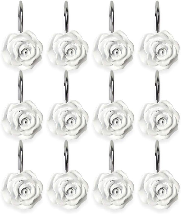 Actpe 12pcs White Rose Flower Shower Curtain Hooks, Rustproof Metal, Decorative for Bathroom, Living Room, Kid's Room