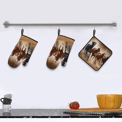 Oven Mitts and Potholders, Animal Horse Elegant Running Horse in Desert Sand Storm Baking Glove and Pot Holder, 3-Piece