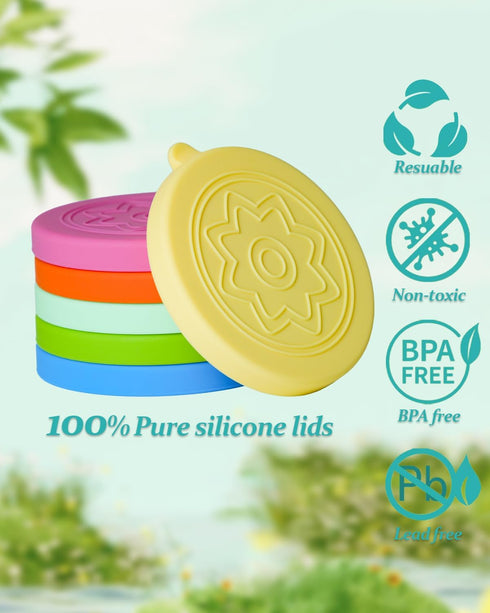 12 Pack 12 5Oz Silicone Oui Yogurt Jar Lids with Labels, Food-Grade Lids for Oui Yogurt Jars, Reusable Silicone Canning