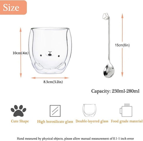 Bear Cute Mugs Kawaii Double Wall Glass Coffee Tea Cup, Funny Novelty Gift for Women, Birthday, Christmas