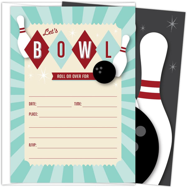 Koko Paper Co Bowling Themed Invitations, Set of 25 Fill In Style Cards for Kids Birthday or Bowling Parties