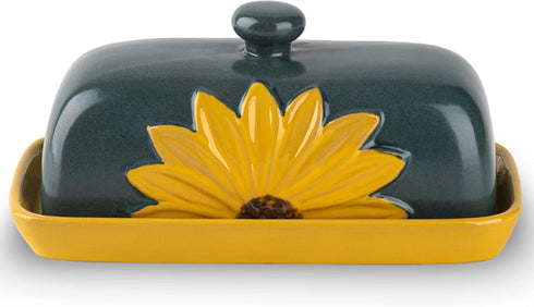Butter Dish with Lid, Ceramic Sunflower Butter Keeper for Countertop, Large Covered Butter Tray, Farmhouse Butter Dish