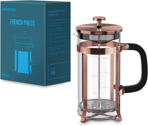 Coffee Maker, 304 Stainless Steel French Press with 4 Filters, Heat Resistant Borosilicate Glass, 21 Ounce, Copper