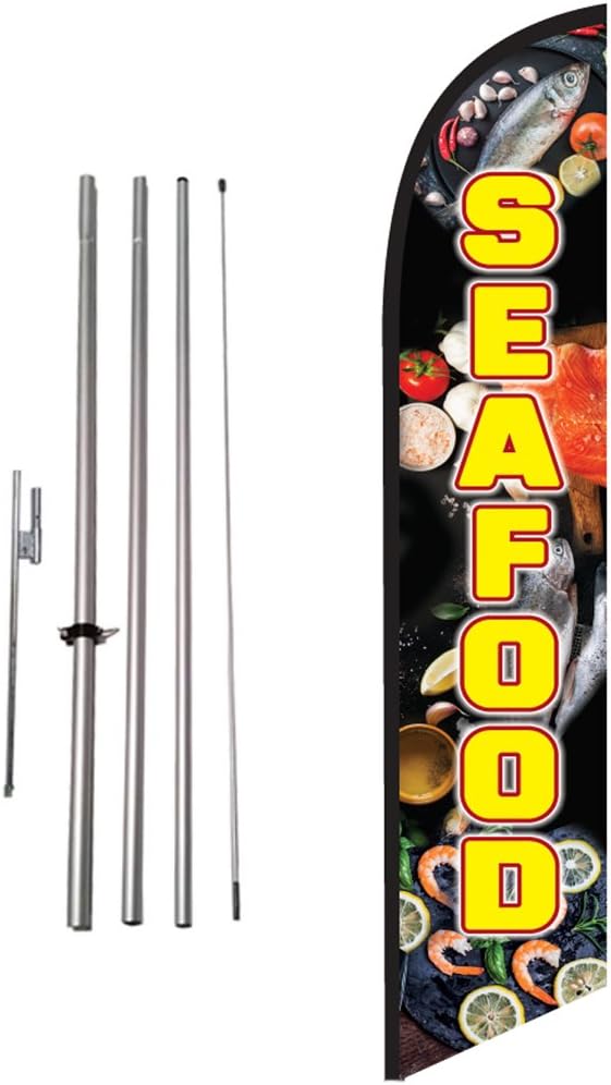 Seafood (black) Feather Flag Kit with Ground Spike, Swooper Banner for Restaurants
