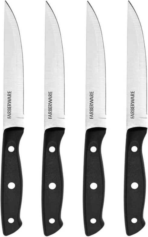 Farberware Triple-Riveted 4-Piece Steak Knife Set, High-Carbon Stainless Steel, Set of 4, Black