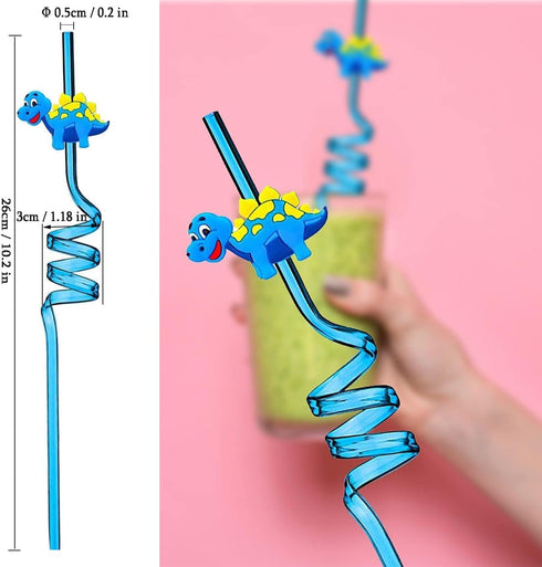 Reusable Dinosaur Party Drinking Straws, Novelty Curly Hard Plastic Straws for Kids Birthday Decorations - Pack of 6