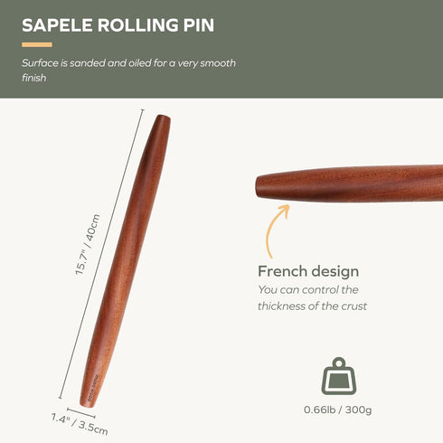 Muso Wood Sapele Wooden French Rolling Pin, Tapered Roller for Baking, Fondant, Pie Crust, Cookie, Pastry (French
