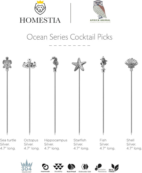 Homestia Metal Cocktail Picks for Drinks, 4.7" Ocean Series Cocktail Skewers, 6Pcs Fancy Reusable Martini Picks
