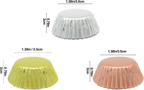 Mini Metallic Foil Paper Cupcake Liners in Rose Gold, Gold, and Silver - 300-Count Baking Cups