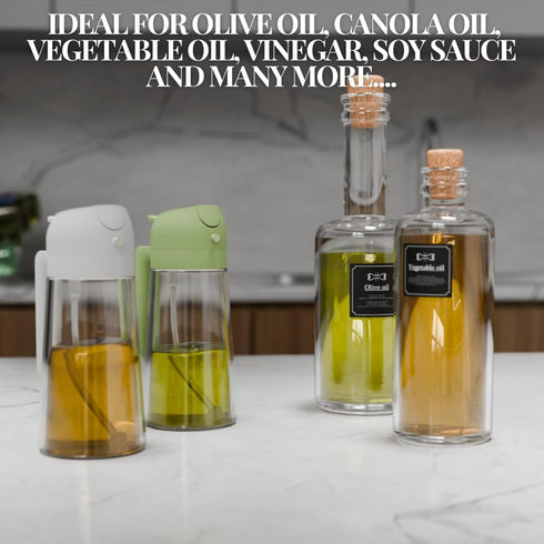 2-in-1 16oz/470ml Oil Dispenser and Sprayer, Glass Olive Oil Spray Bottle for Cooking, Leakproof and Refillable Oil