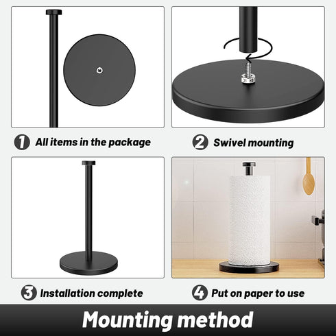 VEHHE Black Stainless Steel Paper Towel Holder Countertop with Weighted Base and Suction Cups for Kitchen Bathroom