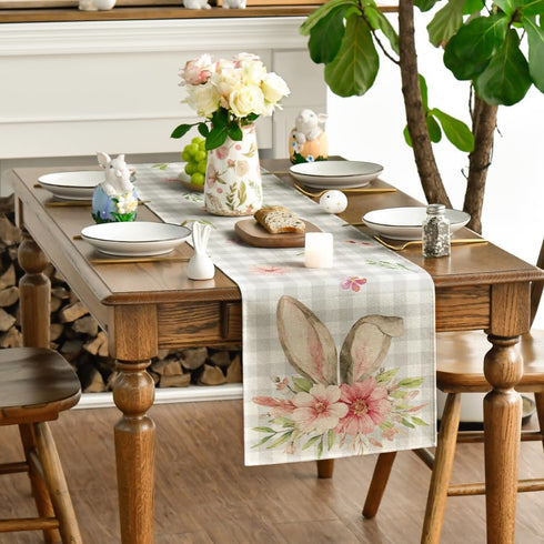 Artoid Mode Buffalo Plaid Bunny Rabbit Ears Flower Easter Table Runner - 13 x 108 Inch Kitchen Dining Decoration.