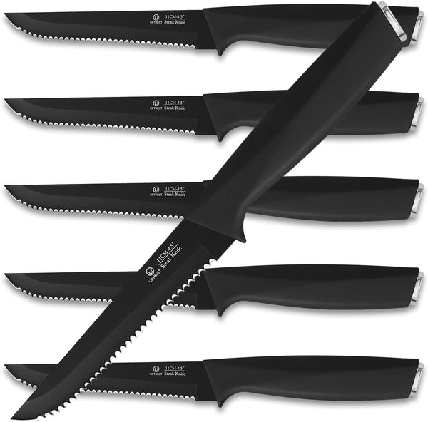 Steak Knives Set of 6, High-Carbon Stainless Steel Serrated Knives, Elegant Black, Dishwasher Safe
