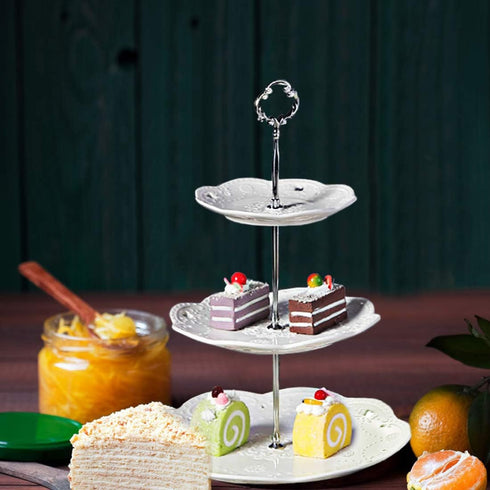 BonNoces 3-Tier Serving Tray - White Embossed Porcelain Cupcake Stand, Elegant Dessert Cake Stand for Tea Party,