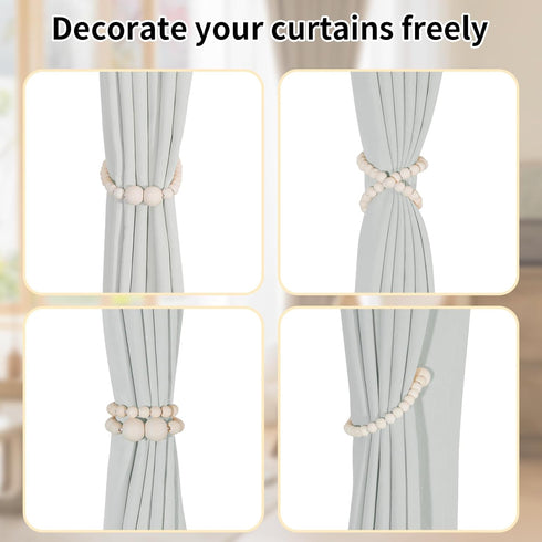 2 Pack Magnetic Curtain Tiebacks, Curtain Holdbacks for Draperies, Wood Bead Curtain Tiebacks, Elegant Curtain Tie