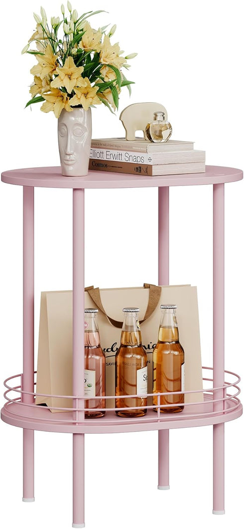 Storage,2-Tier (1PC,Pink) Small Modern Oval Side Table with Side Tables Living Room,Sturdy Nightstand for Small Space
