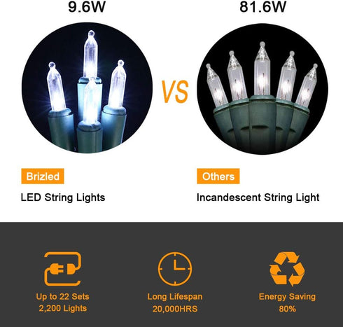 Brizled Christmas Lights, 33ft 100 LED Connectable Mini String Lights, 120V UL Certified Cool White for Indoor Outdoor