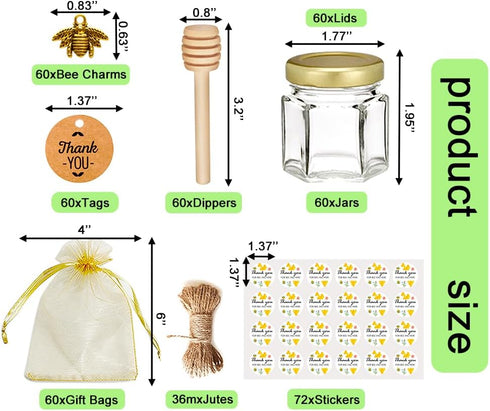 Set 60 Pack 1.5oz Adabocute Mini Honey Jars with Dipper - Hexagon Honey Pot with Gold Lid, Bee Pendants, Jutes, Gold
