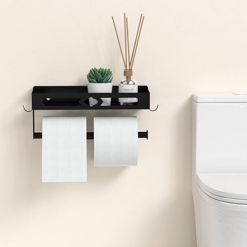Wall Mount Paper Towel Holder for Kitchen - Self Adhesive Design with Shelf and 2 Hooks for Bathroom, RV