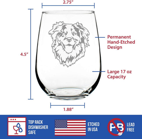 Australian Shepherd Face Stemless Wine Glass, Unique Dog Themed Decor, 17 Ounce Gift for Aussie Lovers