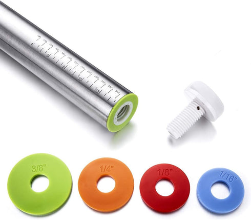 Rolling Pin and Pastry Baking Mat Set, Adjustable Thickness Rings, Stainless Steel Dough Roller for Baking
