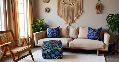 18X18X14 inches, CRAFT KALA Indian Square Patchwork Traditional Pouf Cover Indian Living Room Pom Poufs Cover