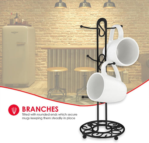 Home Basics Scroll Design Coffee Mug Holder - Black Steel Stand for Any Kind of Mug, Kitchen Organizing Cup Tree