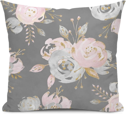 Golden Blush Roses Floral Throw Pillow Covers on Gray, Set of 2 Modern Decorative Cases 18"X18"