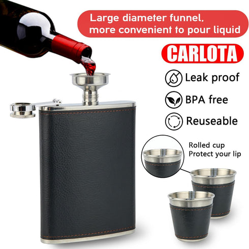 Hip Flask Gift Set, 8 Oz Hip Flasks for Liquor with Black Leather Cover, 18/8 Stainless Steel, 2 Cups & Funnel, Gift Box