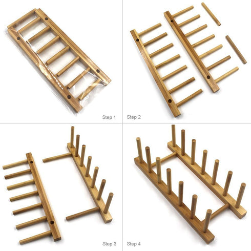 INNERNEED Bamboo Wooden Dish Rack, Vertical Plate & Lid Organizer for Kitchen Cabinet or Countertop, Drying Stand
