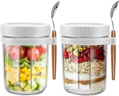 Overnight Oats Containers with lids and spoon Set of 2 Jars 12oz