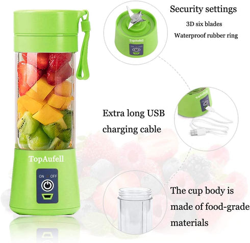Portable Blender,USB Rechargeable Personal Mixer,380ML Mini Blender for Fruit Smoothies and Milkshakes with Six Blades in 3D,Handheld Blender Suitable for Travel,Gym,Outdoor Sport(Green) by TopAufell