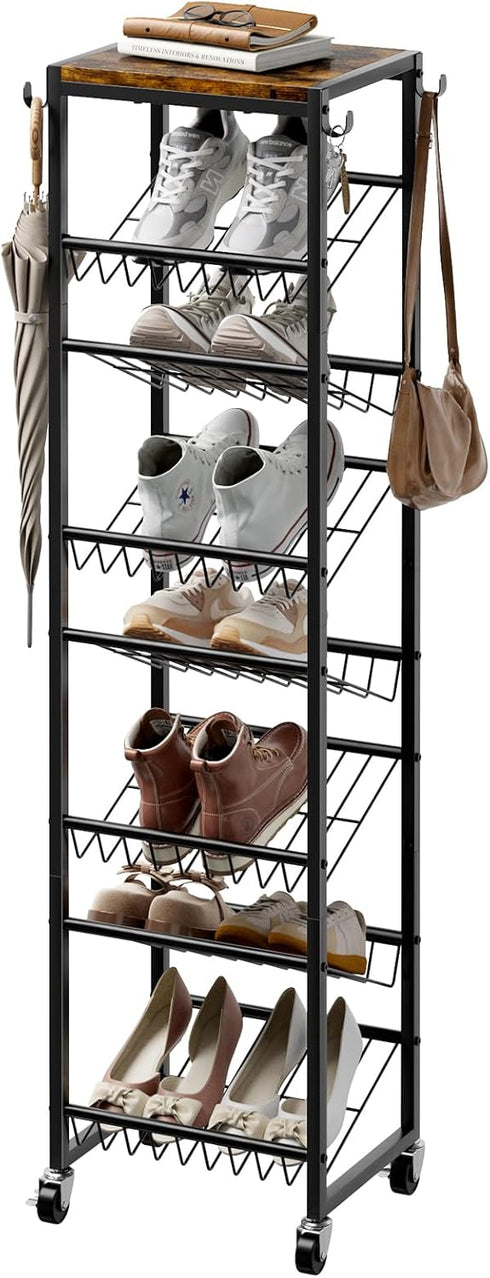 8 Tier Rotating Vertical Shoe Rack Tower, Wooden Tall Shoe Storage Organizer