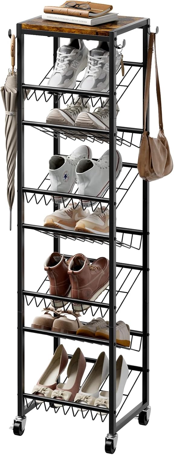 8 Tier Rotating Vertical Shoe Rack Tower, Wooden Tall Shoe Storage Organizer