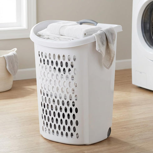 Generic White Wheeled Plastic Laundry Hamper Adult-Sized Rolling Basket With Handles For Home & Dorms
