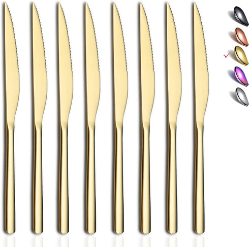 HOMQUEN Gold Steak Knives Set, 8 Piece Premium Stainless Steel, German Serrated Meat Knives, Dishwasher Safe (9.2 Inch)