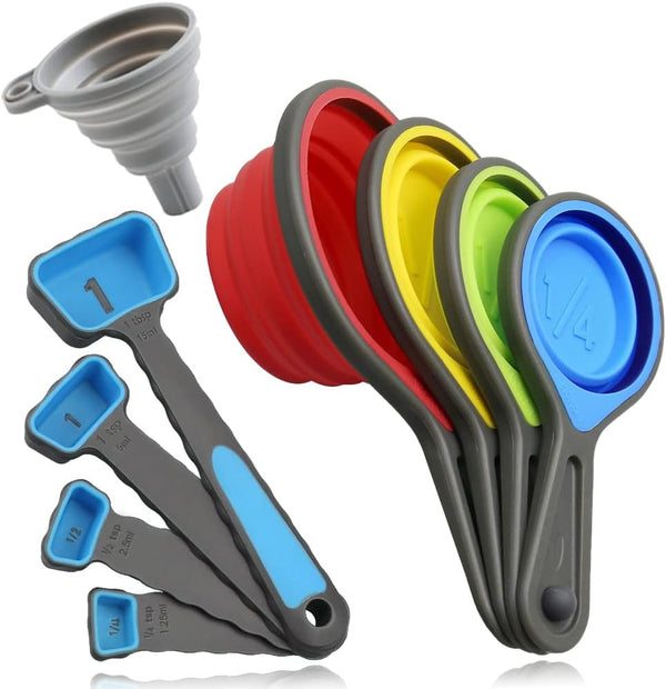 leepiya Measuring Cups and Spoons Set - 8 Piece Collapsible Measuring Tool, BPA Free Silicone, Colorful