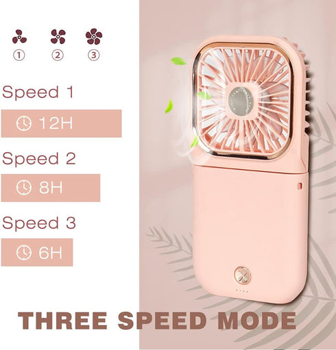 Portable Mini Fan, Small Battery Operated 5 in 1 Power Bank, Phone Holder, Handheld Fan, Pink