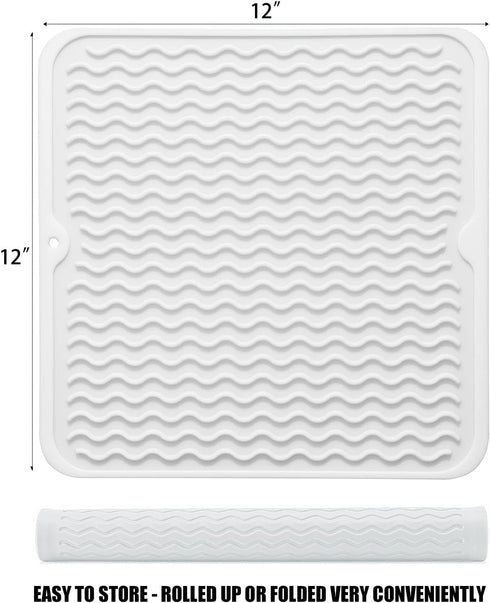 Silicone Dish Drying Mat for Multiple Usage, Easy clean, Eco-friendly, Heat-resistant Dish Drainer Mat for Kitchen Counter,Sink,Refrigerator or Drawer liner (12" x 12", White)